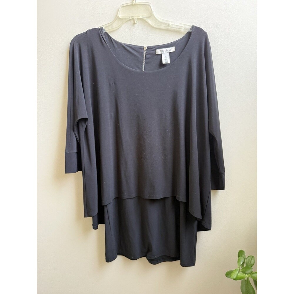 White House Black Market Black Layered Tunic Top Size Large Silver Zipper